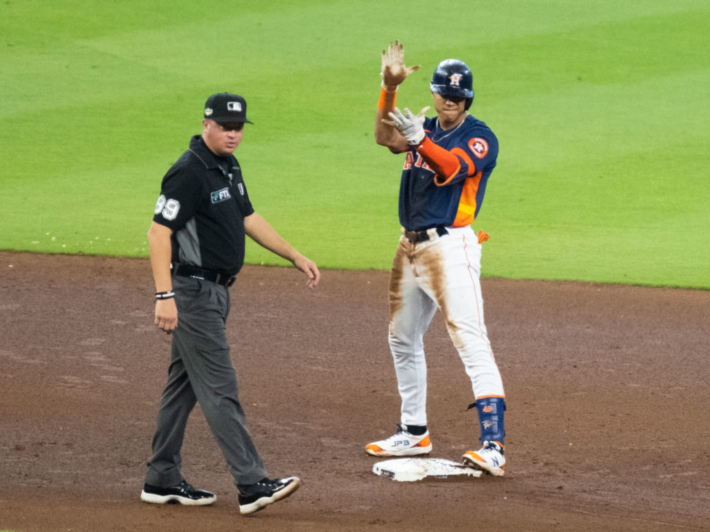 Houston Astros rookie shortstop Jeremy Pena shows his emotions while playing. He's more controlled off the field. (Photo by F. Carter Smith)