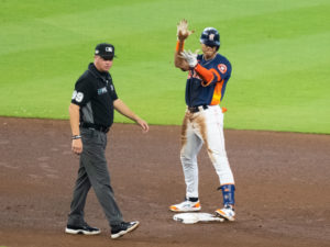 Houston Astros Yordan Alvarez hits a go-ahead  2-run home run in the 6th inning en route to  a win over the Seattle Mariners 4-2 in Game Two of the American League Division Series Thursday at Minute Maid Park