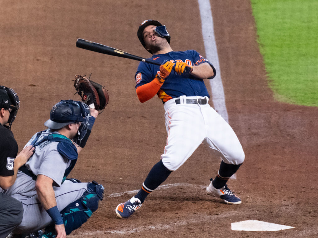 Houston Astros stalwart Jose Altuve gets out of the way of a pitch. (Photo by F. Carter Smith)