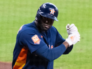 Houston Astros Yordan Alvarez hits a go-ahead  2-run home run in the 6th inning en route to  a win over the Seattle Mariners 4-2 in Game Two of the American League Division Series Thursday at Minute Maid Park