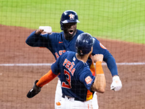 Houston Astros Yordan Alvarez hits a go-ahead  2-run home run in the 6th inning en route to  a win over the Seattle Mariners 4-2 in Game Two of the American League Division Series Thursday at Minute Maid Park