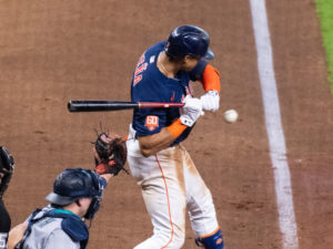 Houston Astros Yordan Alvarez hits a go-ahead  2-run home run in the 6th inning en route to  a win over the Seattle Mariners 4-2 in Game Two of the American League Division Series Thursday at Minute Maid Park