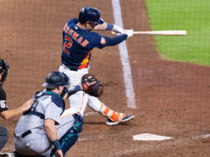 Houston Astros Yordan Alvarez hits a go-ahead  2-run home run in the 6th inning en route to  a win over the Seattle Mariners 4-2 in Game Two of the American League Division Series Thursday at Minute Maid Park