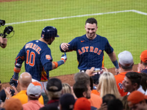 Houston Astros Yordan Alvarez hits a go-ahead  2-run home run in the 6th inning en route to  a win over the Seattle Mariners 4-2 in Game Two of the American League Division Series Thursday at Minute Maid Park