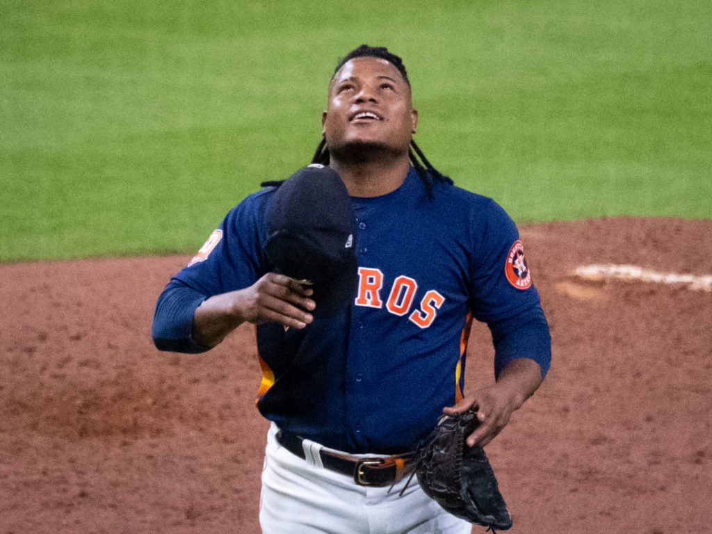 Houston Astros workhorse Framer Valdez looks to the heavens after another quality start. (Photo by F. Carter Smith)