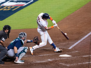 Houston Astros rookie shortstop Jeremy Peña had a big hit to give Yordan Alvarez the chance to win it. (Photo by F. Carter Smith)