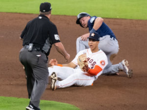 Houston Astros Yordan Alvarez hits a game-winning home run in the 9th inning to defeat the Seattle Mariners 8-7 in Game One of the American League Division Series Tuesday at Minute Maid Park