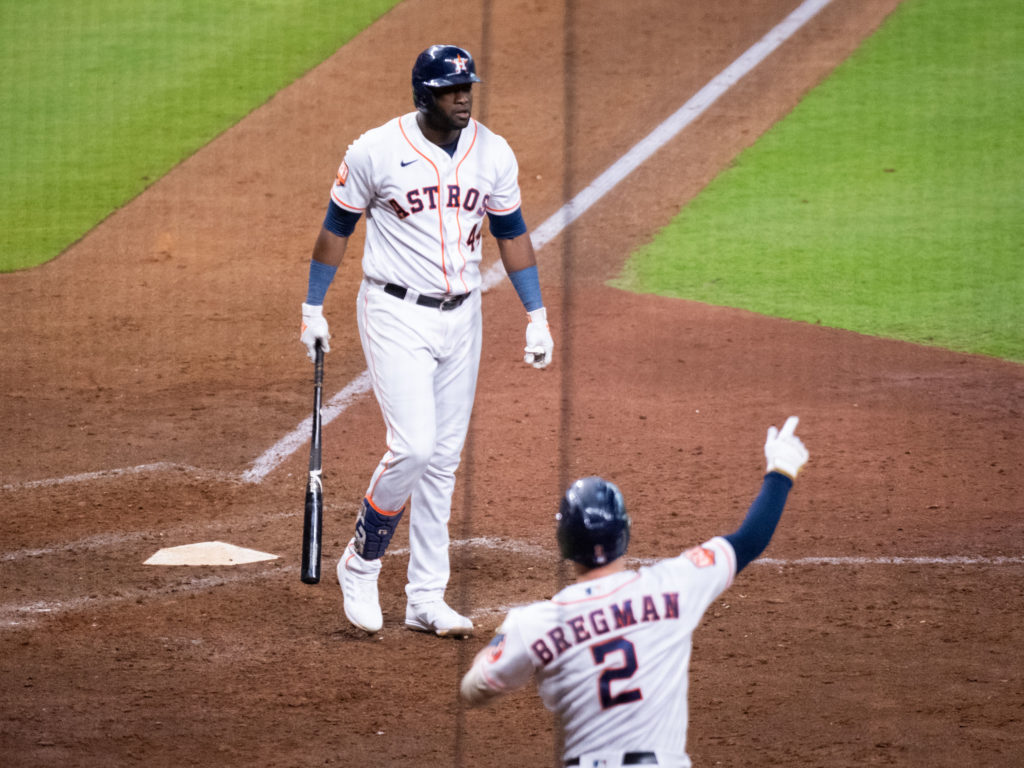 Alex Bregman knows that when Yordan Alvarez is up, watching the ball go is part of the fun. (Photo by F. Carter Smith)