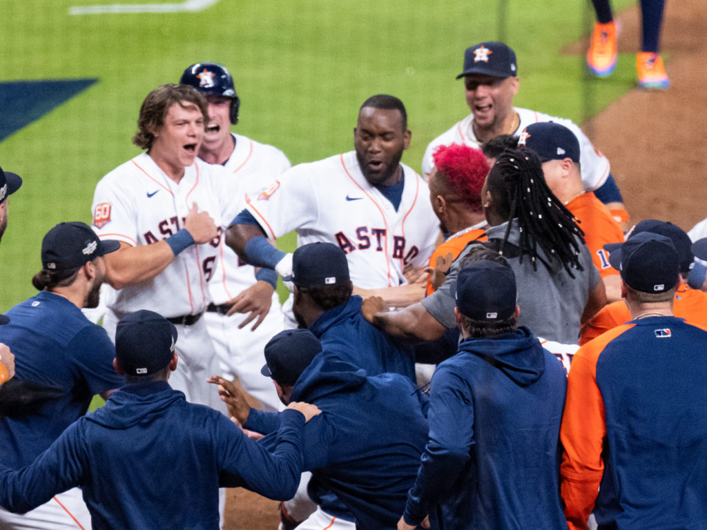 Yordan Alvarez turned the 312 pitch of an epic playoff game into an all-time Astros moment. (Photo by F. Carter Smith)