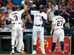 Jeremy Pena, Yordan Alvarez and Jose Altuve are part of a fearsome Astros lineup. (Photo by F. Carter Smith)