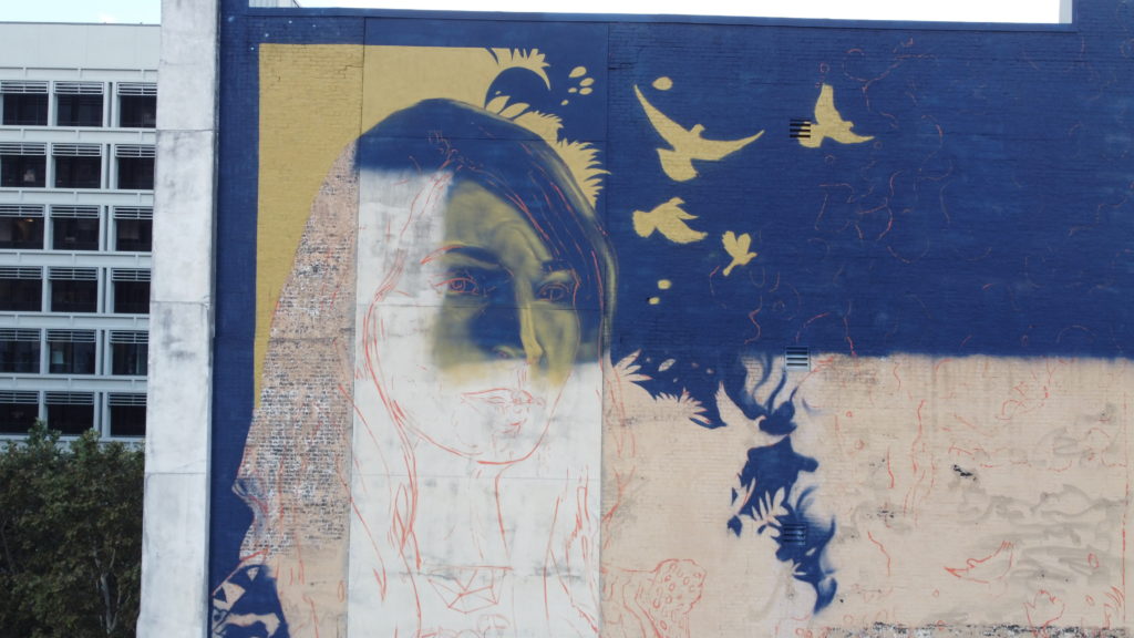 Lula Goce's mural "La Shamana" in the process of being painted (Photo by @superkant and @cyvisuals_, courtesy Street Art for Mankind)