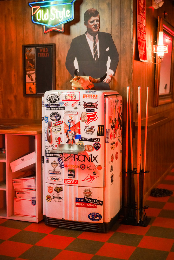 A self-serve water tap for guests is made from a vintage 1950s-era refrigerator passed down from Matt Tanner’s uncle, which has kept beers ice cold for almost 70 years, first in a bar in Galveston and later in a construction warehouse. (Photo by Mikah Danae)