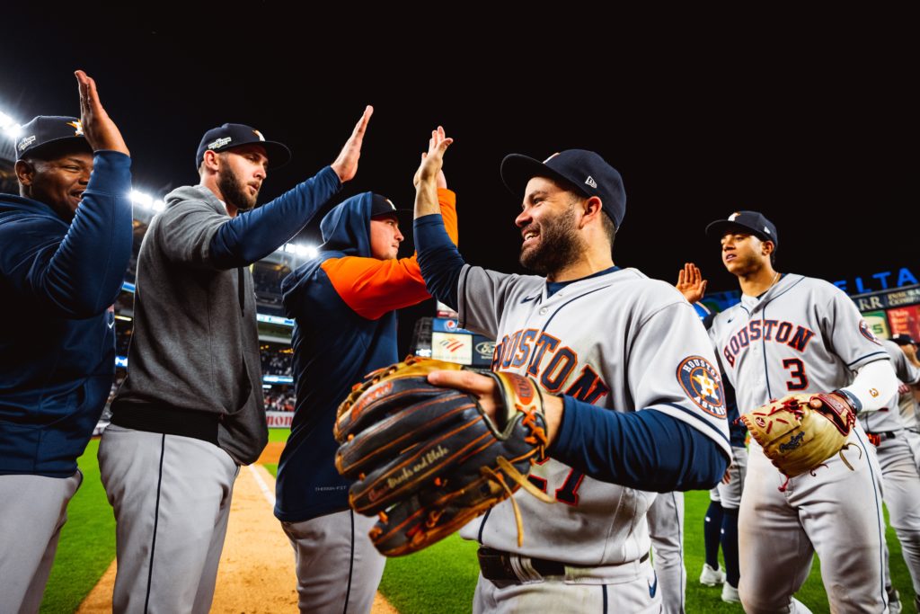 The Astros are all smiles with Jose Altuve loving every minute of it after another big win at Yankees Stadium. (@Astros)