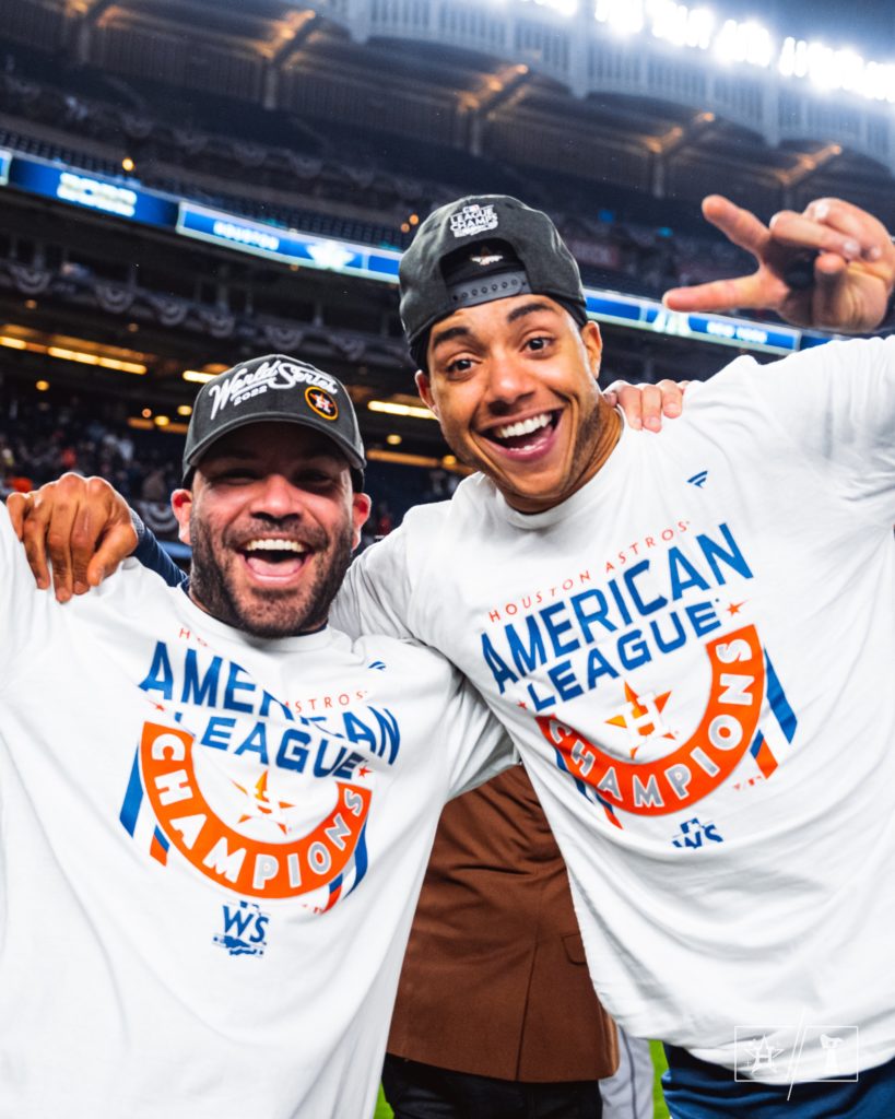 Astros veteran second baseman Jose Altuve and rookie shortstop Jeremy Peña share a moment of pure joy. (@Astros)