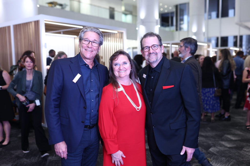 Gensler co-CEO Andy Cohen, Gensler Houston co-managing directors Stephanie Burritt and Jerry Alexander at the Houston firm's 50th anniversary celebration. (Photo by Quy Tran)