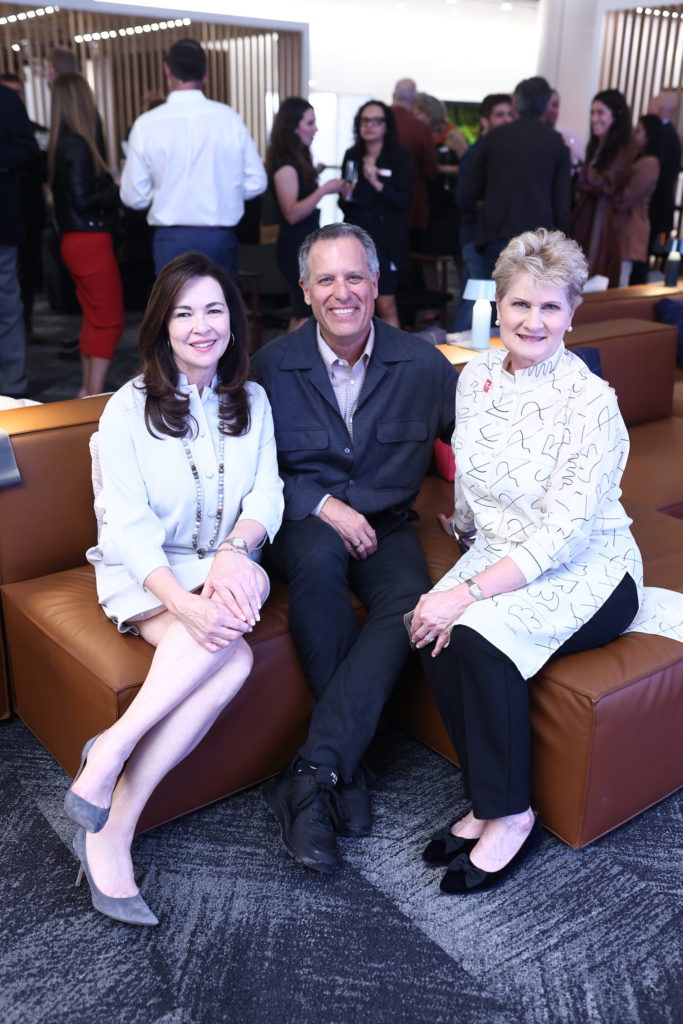 Gensler Regional co-managing principal Cindy Simpson, David Glover, and Gensler Regional co-managing principal Judy Pesek at the architecture and design firm's 50th anniversary. (Photo by Quy Tran)