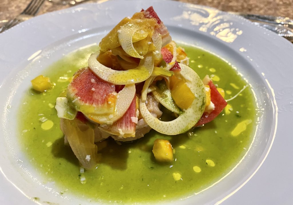 Chef Jonathan Waxman's grilled opah dish, a plate filled with local products. Photo by Courtney Dabney.