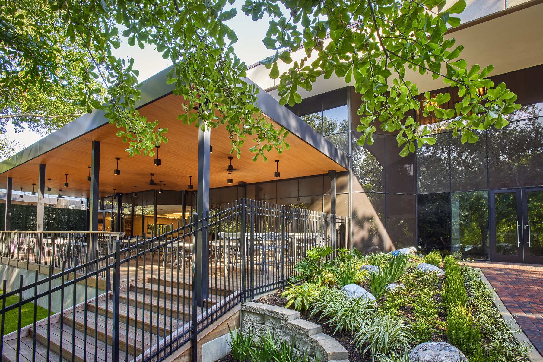A view from afar, the outdoor seating area at the newly debuted members only restaurant The Kitchen at The Houstonian Club.