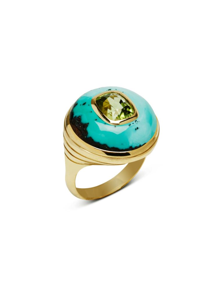 Retrouvai Green Tourmaline in Turquoise Petite Lollipop Yellow Gold Ring