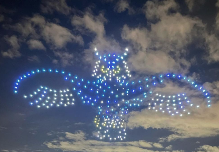 The Rice University owl created in drones for 'The Investiture Gala' by Verge Aero.