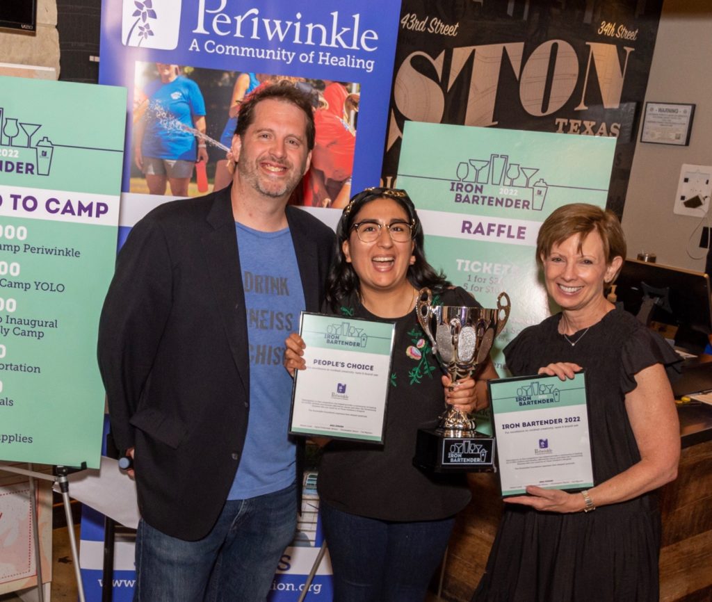 Iron Bartender chair Sean Beck, Iron Bartender champion, Angel Marie Salas,  Alice Rohrman at the Iron Bartender 2022 competition benefitting The Periwinkle Foundation. (Photo by Larry Geiger)