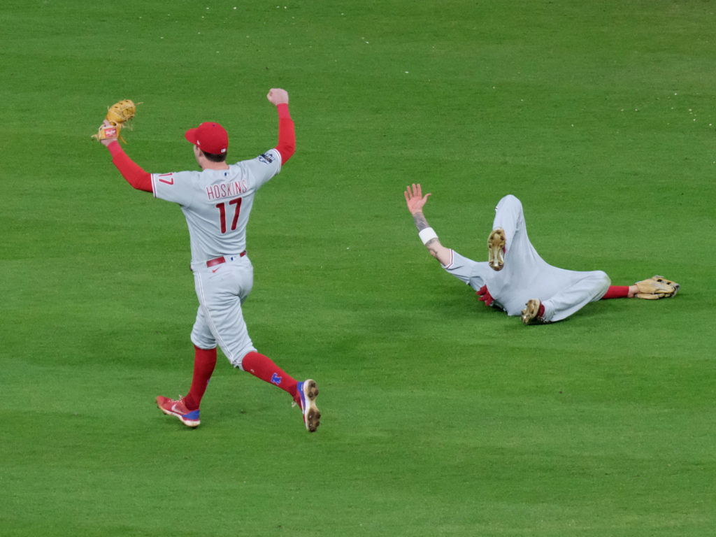 Phillies right fielder Nick Castellanos saved the game for his team with this catch in the bottom of the ninth. (Photo by F. Carter Smith)