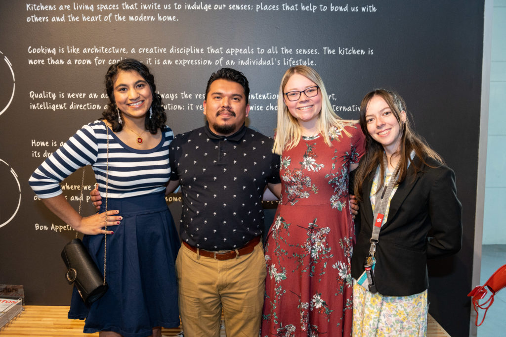 University of Houston College of Architecture and Design students serving as home tour docents Lucky Suvramania, Saul Alvarado, Mary Gee, Kirsten Crowson at the Houston AIA Home Tour Appreciation Party (Photo by Killy Chavez)