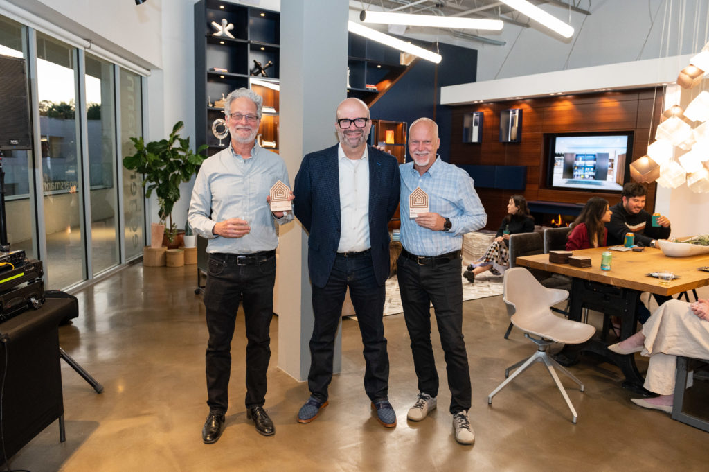 Bob Robinowitz, Rusty Bienvenue, Mike Mcintyre at the Houston AIA Home Tour Appreciation Party (Photo by Killy Chavez)