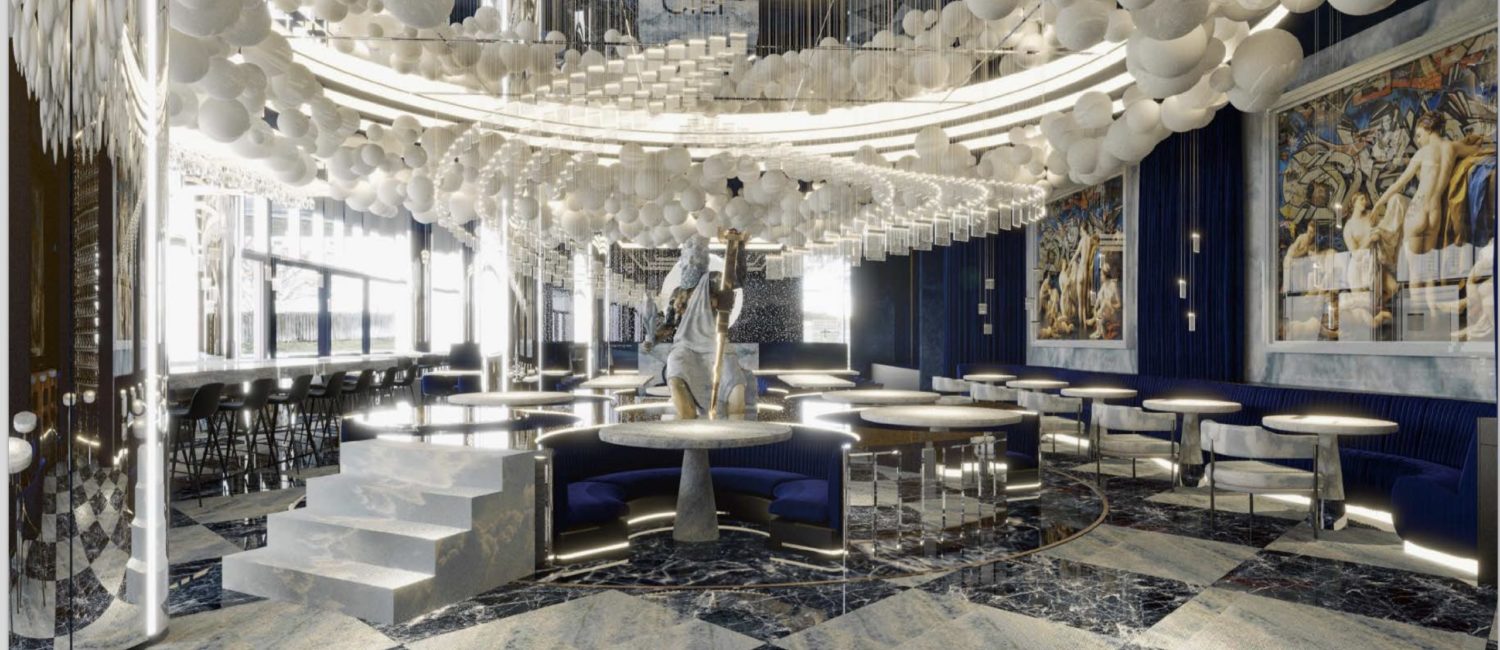 Ciel restaurant, with interiors by co-owner Adel Sadek’s architectural and design firm, Studio Five. The six-foot sculpture of Zeus is splashed with hand-painted tattoos care of Mexican artist Karla de Lara.