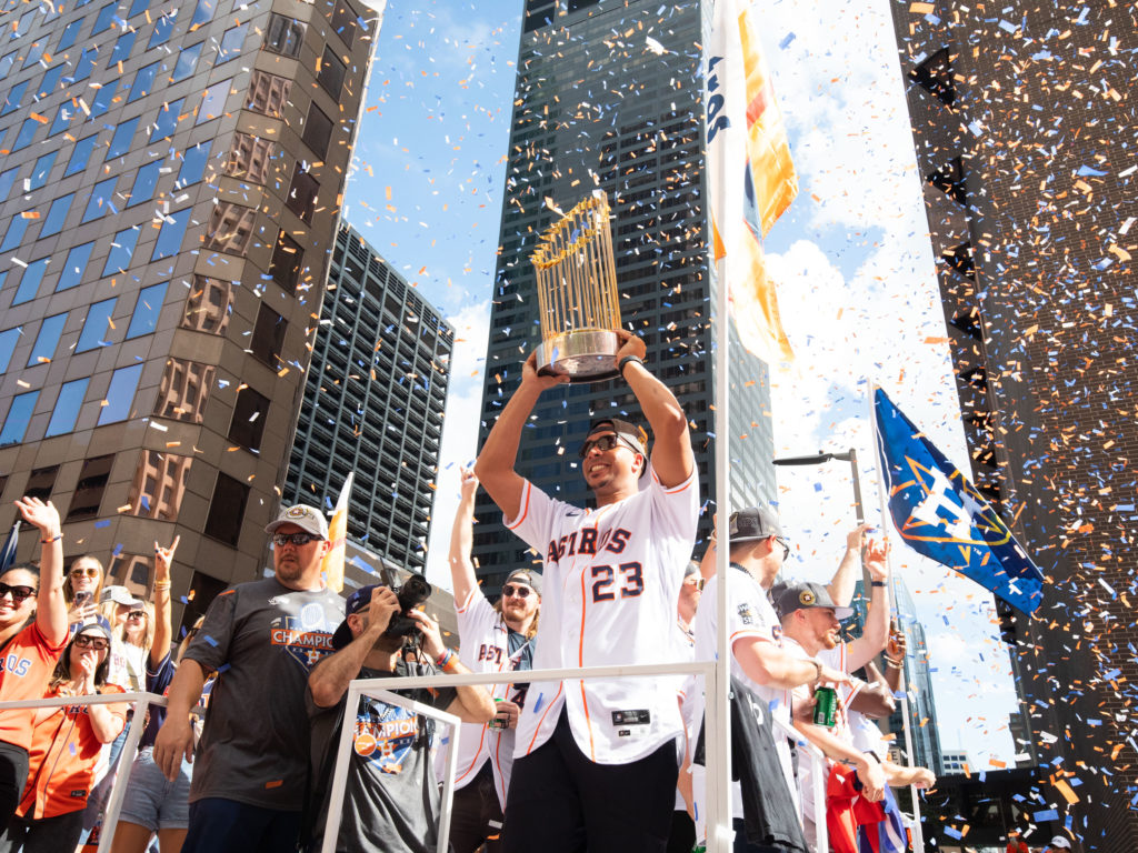Michael Brantley's speech after Game 3 in Philadelphia helped the Astros come back and let him lift that trophy. (Photo by F. Carter Smith)