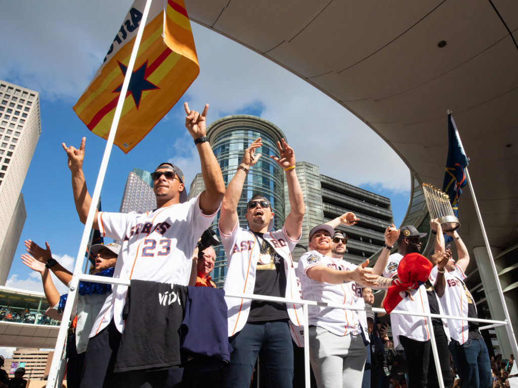 Michael Brantley (No. 23) is one of the Astros whose contract is up. Kyle Tucker is one of the Astros' bedrock young stars. (Photo by F. Carter Smith)