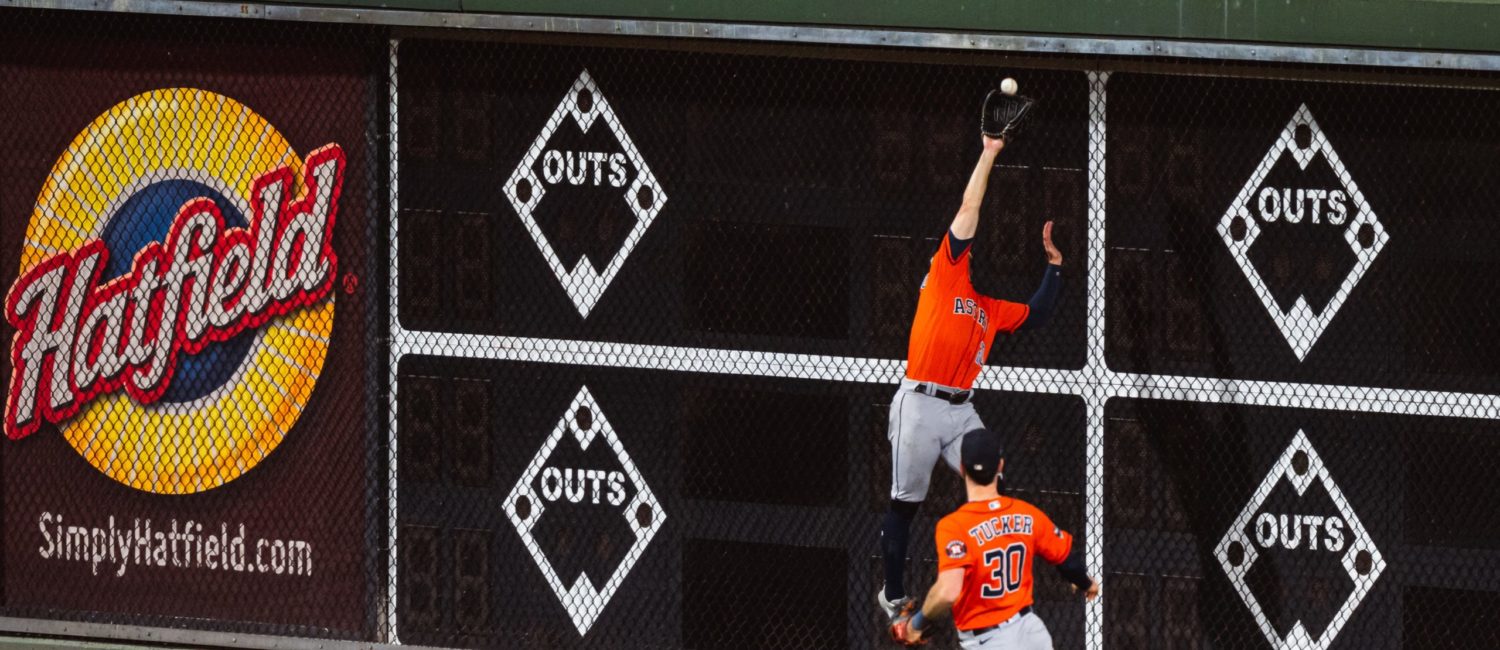 Chas McCormick went up high — and used every bit of his old high school basketball skills — to make one of the great catches in World Series history for the Astros. (@Astros)