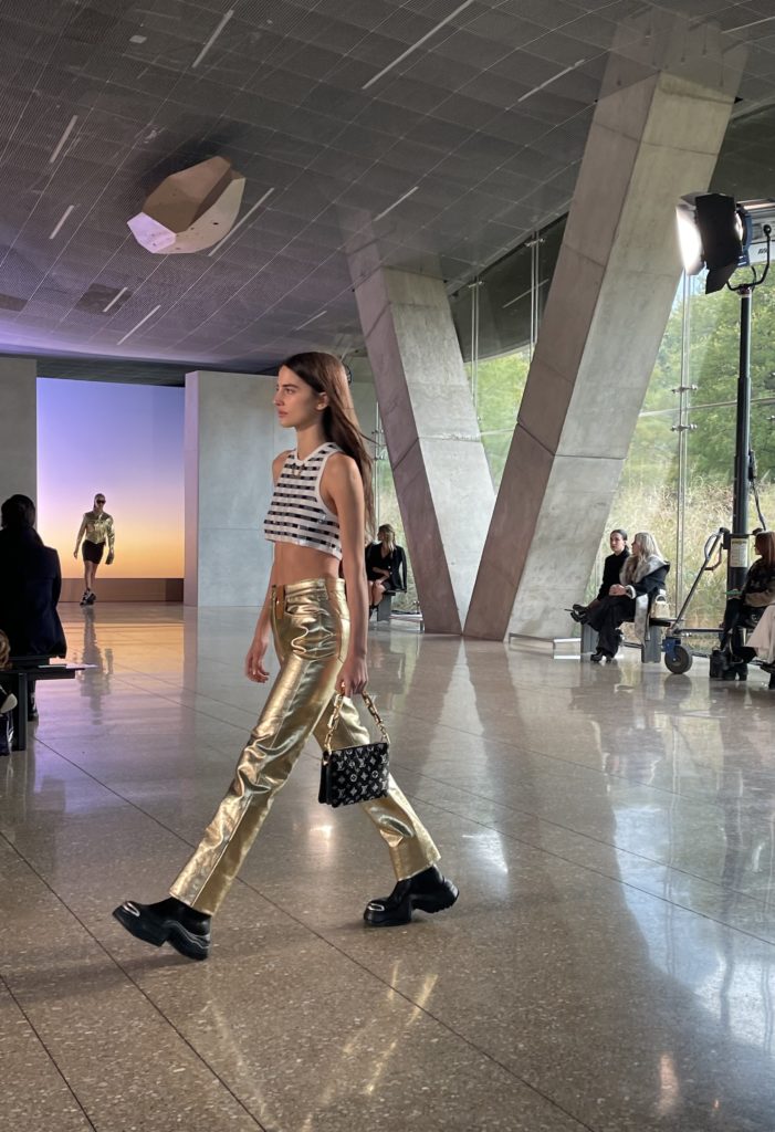 Sequined tank with gold pant at LV runway show in Dallas. Photo by Courtney Dabney.