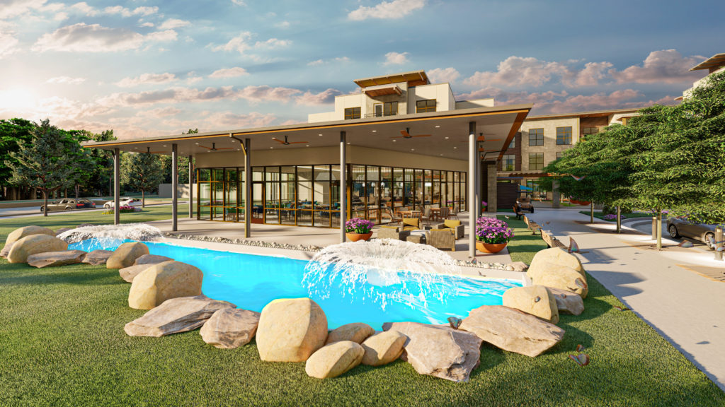 The exterior of Pyles soon-to-open Alma, which overlooks a water feature at Hacienda at Georgetown.