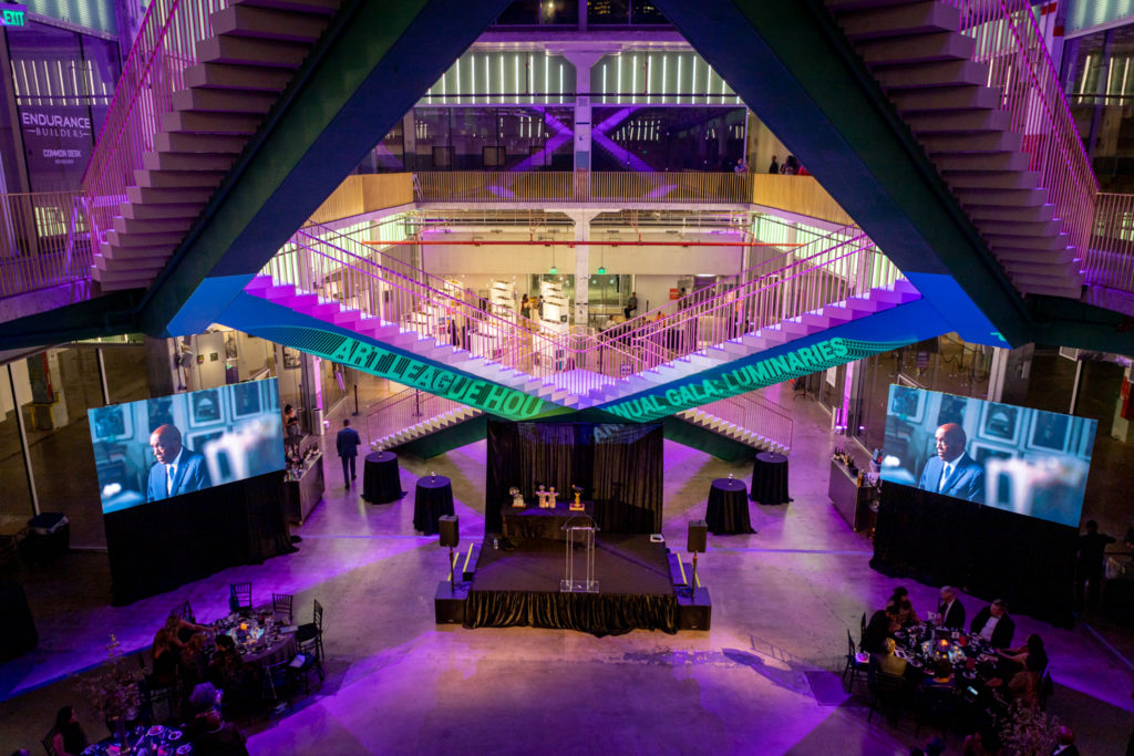 The X Art Pavilion at POST Houston provided the dramatic backdrop for the Art League Houston gala. (Photo by Alex Barber and Laura Burlton )
