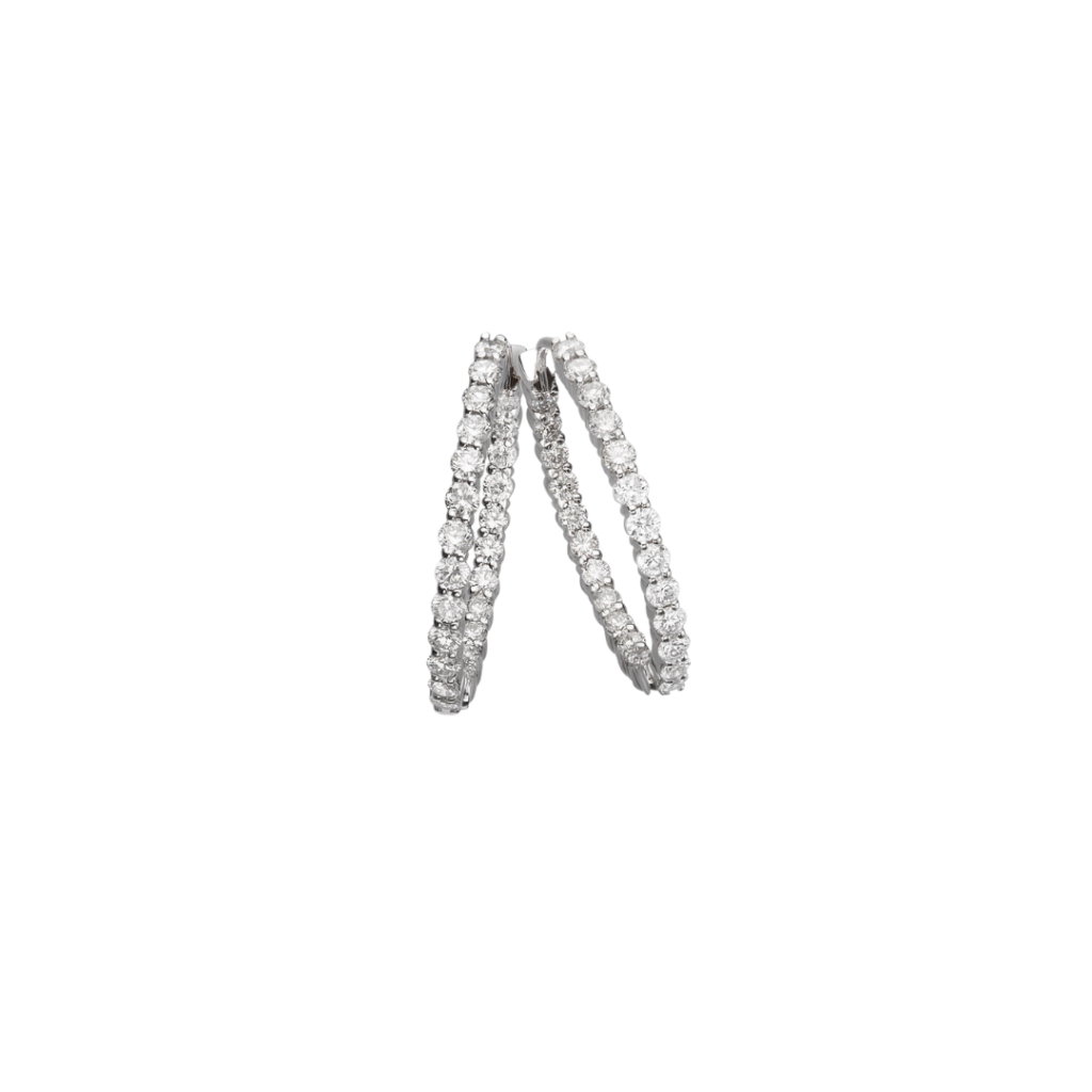 18K white gold rhodium plated round inside out diamond hoop earrings with 60 round diamonds weighing 1.65 carats total weight; $4,100