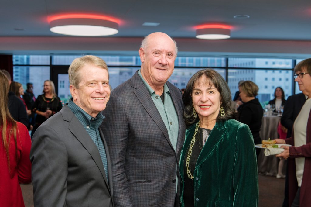 Alley Theatre managing director Dean Gladden, Alley board president Ken Kades and wife Mady Kades at the Deck the Trees event. (Photo by Thomas Campbell)