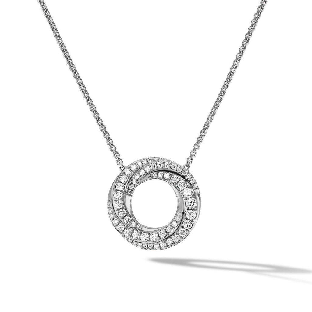David Yurman 18k white gold rhodium plated Crossover 15.5mm petite pave crossover pendant necklace with round diamonds weighing 0.35 carat total weight, 17"; $3,200