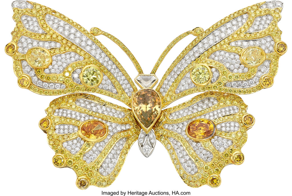 Fancy Vivid Yellow Orange Diamond, Fancy Intense Yellow Diamond, Colored Diamond, Diamond, Gold Brooch_Heritage Auctions