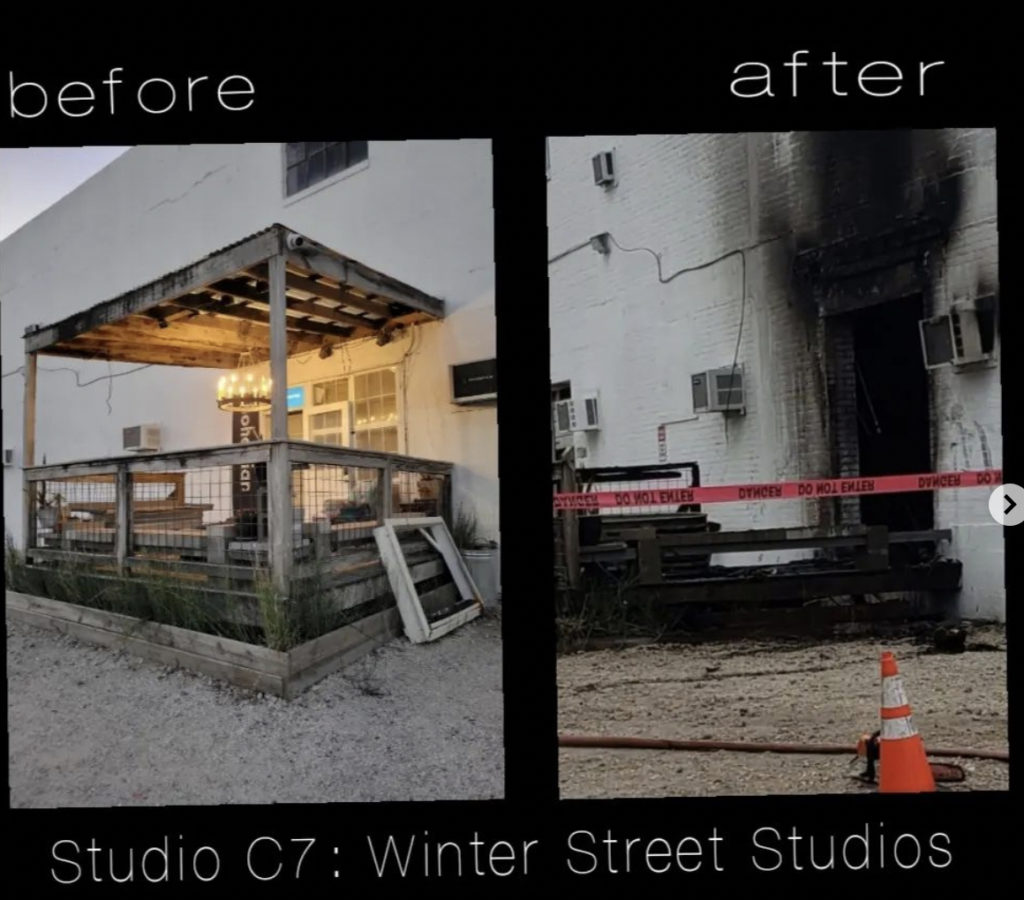An image of Winter Street Studios before and after conveys the tragic damage of the December 20, 2022 arson.  