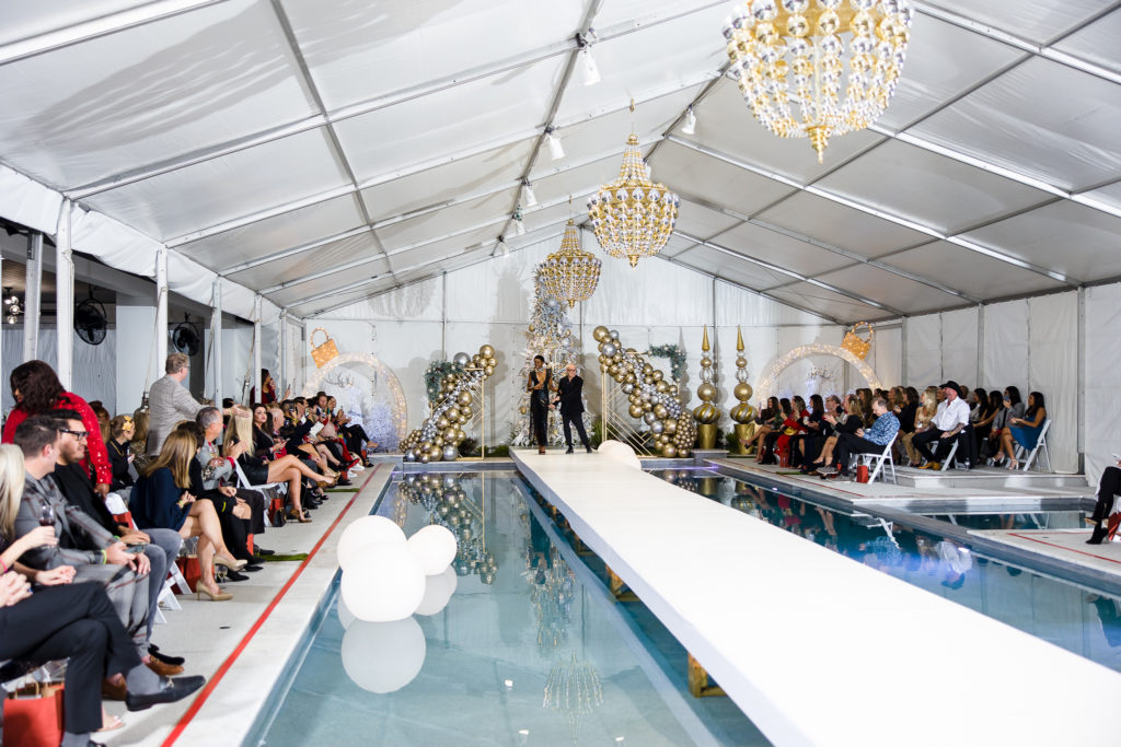 Models on the catwalk built over the swimming pool at the home of Theresa Roemer (Photo by Hung Truong Photography) 