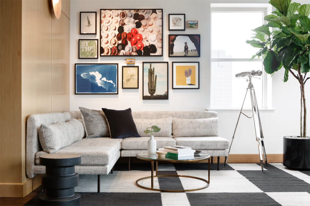 The Kimpton Harper lobby offers ample room for gathering and enjoying drinks with friends.