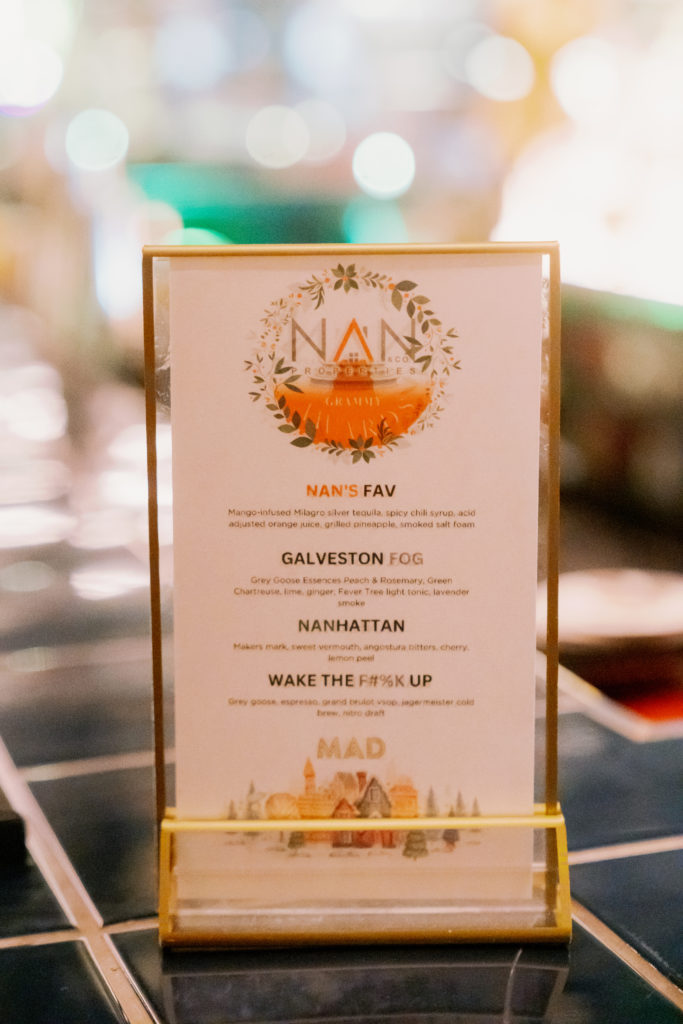 The cocktail menu at the Nan and Company Properties holiday bash at MAD.  (Photo by Jared Hernandez, Nan Studios)