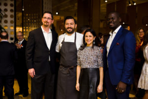 Texas Children's Hospital's Mark Putnam, chef Aaron Bludorn, Victoria Pappas Bludorn, Cherif Mbodj at the Texas Children's Hospital Ambassadors Holiday Party held at Navy Blue in Rice Village (Photo by Jenny Antill Photography)