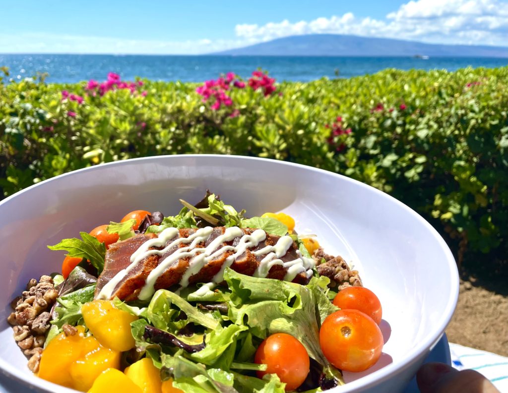 Maui – Ahi tuna salad with fresh mango, in a cabana at the Hyatt Regency Maui. Photo by Courtney Dabney.