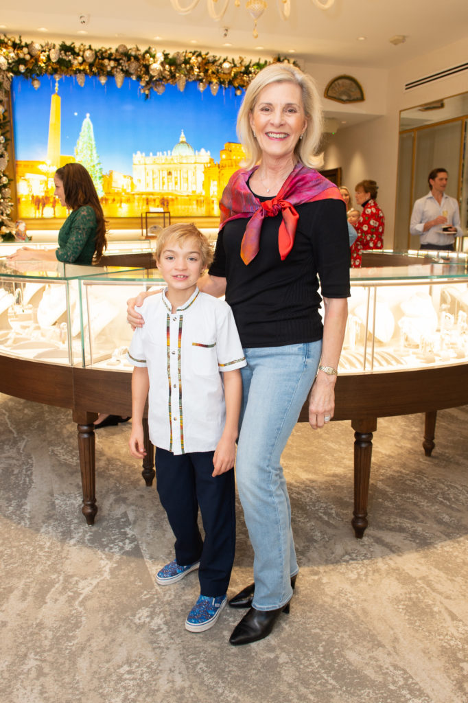 Michelle Piazza and grandson Artemis Perleberg at Valobra Master Jewelers holiday party.