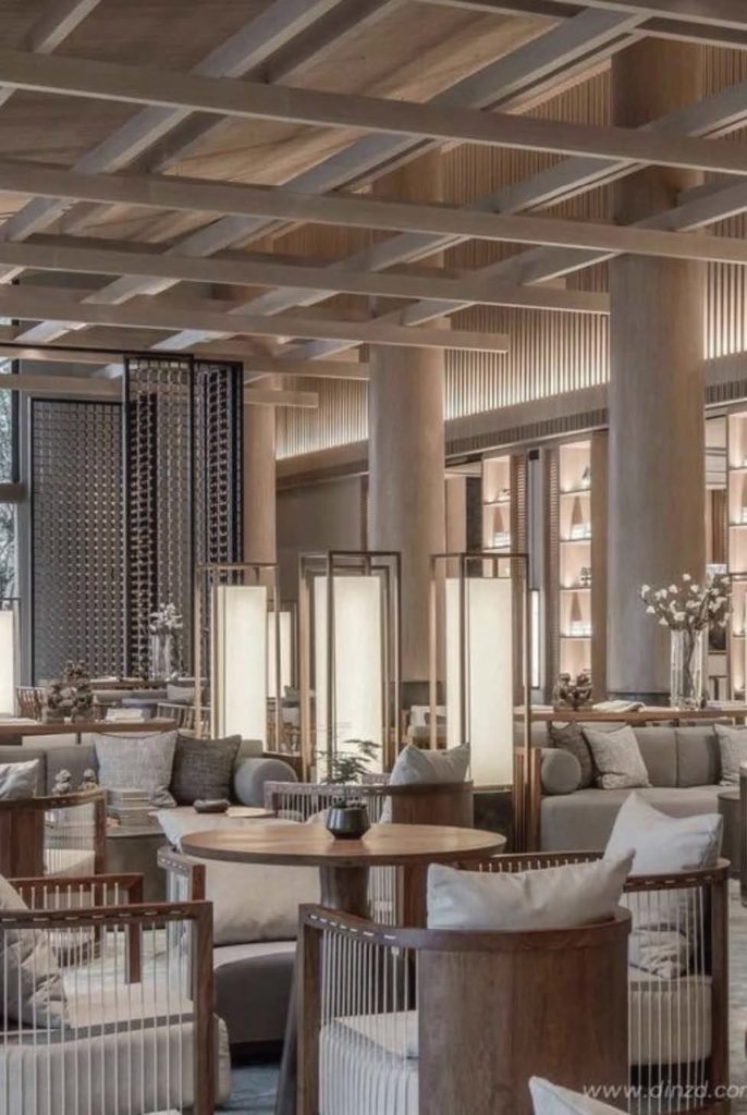 The Japanese inspired lobby of the new Sandman Signature Hotel sets an early tone.