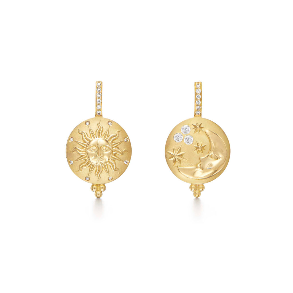 Temple St. Clair yellow gold celestial earrings with white sapphires, $4200