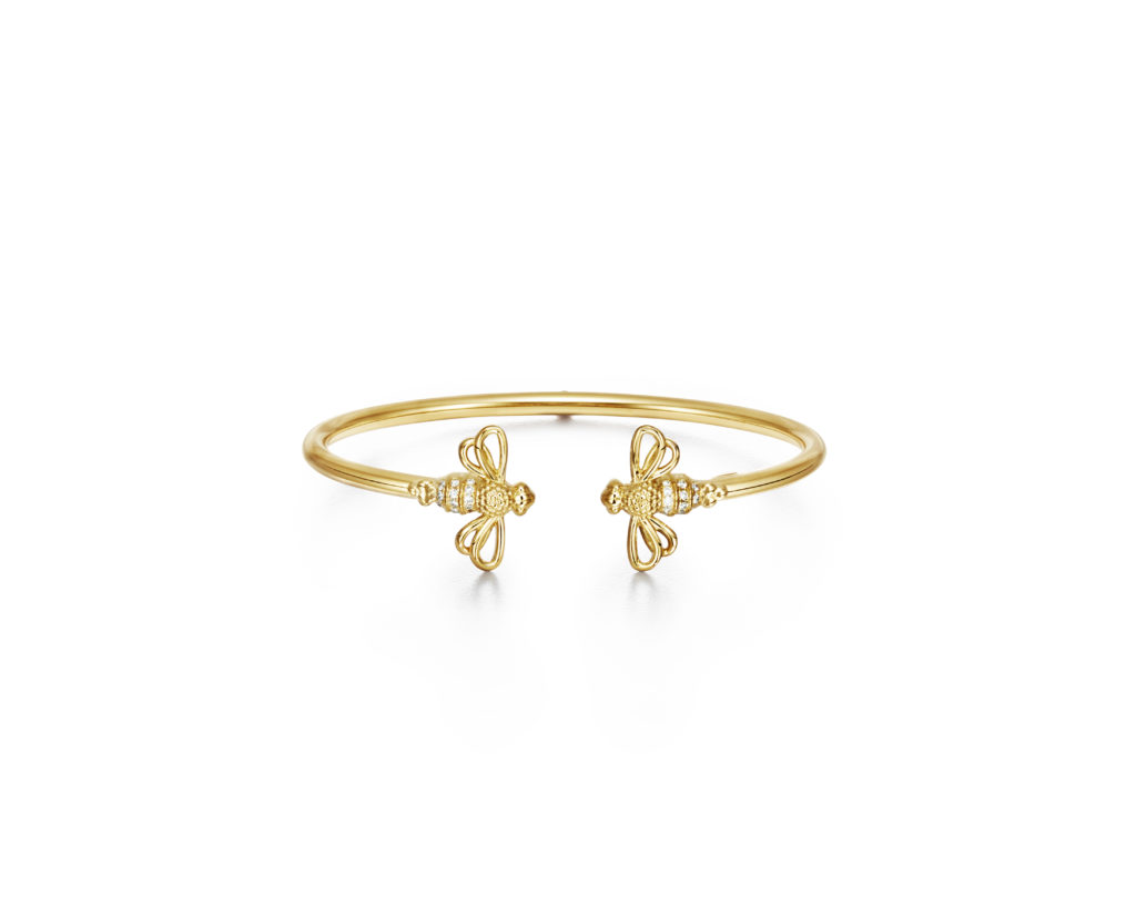 Temple St. Claire Whimsical Yellow Gold Bangle with pave diamond bee motif, $3850