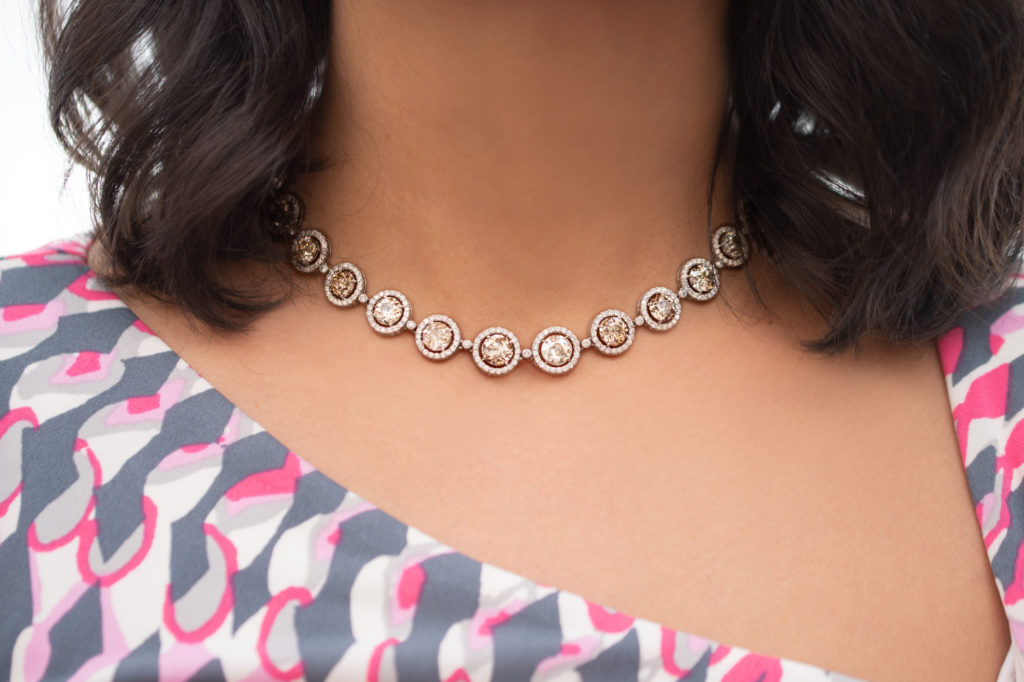 Important estate old European-cut fancy brown diamond necklace with round brilliant-cut white diamond frames